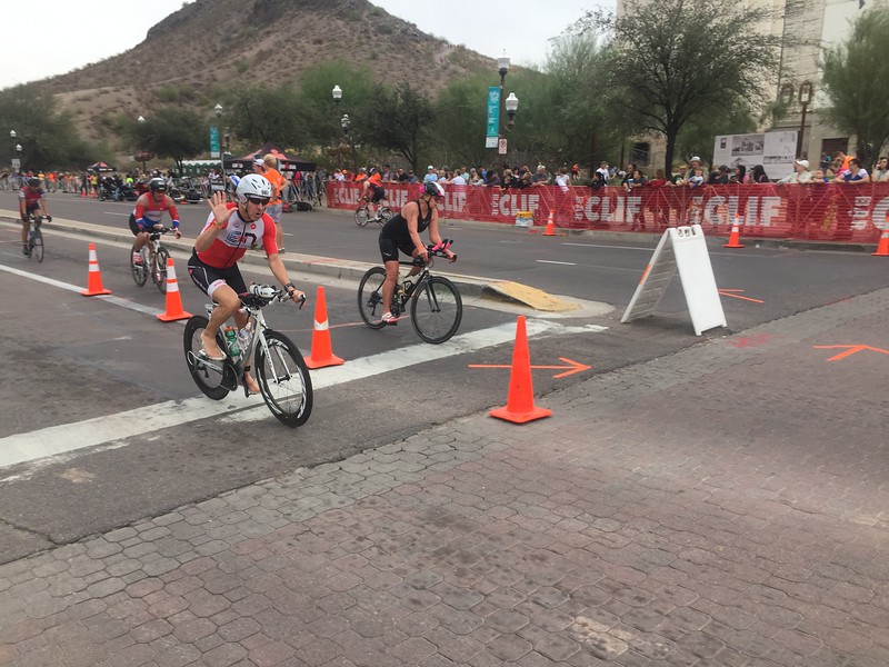 Bruce Thompson finishing the bike and on his way to a 2nd place finish in M60-64, and sub 11:00 PR! 